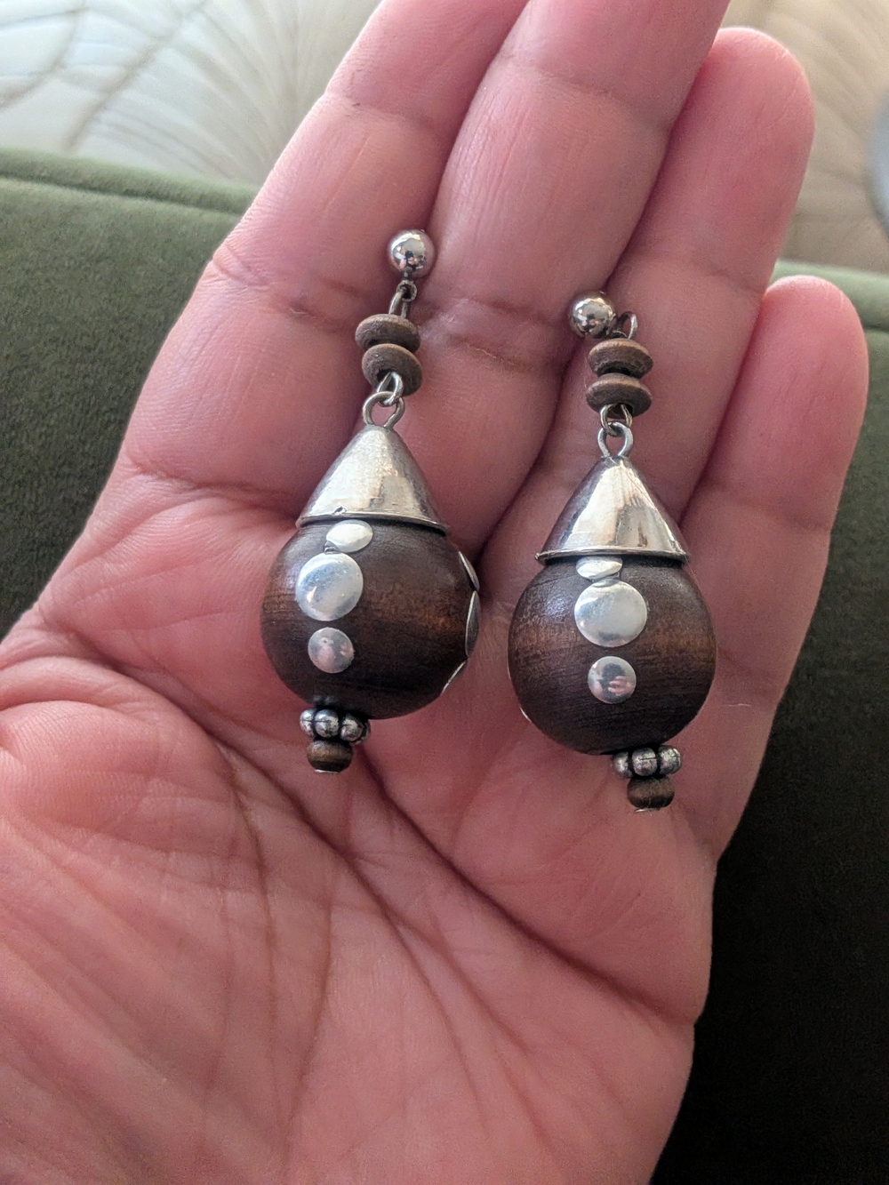 Handcrafted Brown Wood and Silver Drop Earrings - Women Jewelry Vintage Boho